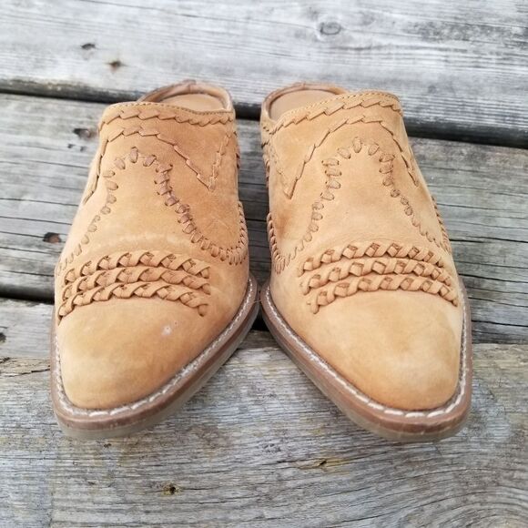 Vintage 90s y2k Camel Tan Suede Boho Western Cowgirl Whipstitch Heeled Mules 6.5 - Picture 2 of 10